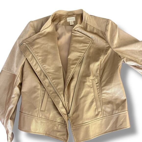 Chico's Moto Jacket Sz 2 (Large) Faux-Leather Champagne Gold Asymmetric Full Zip - Picture 5 of 7